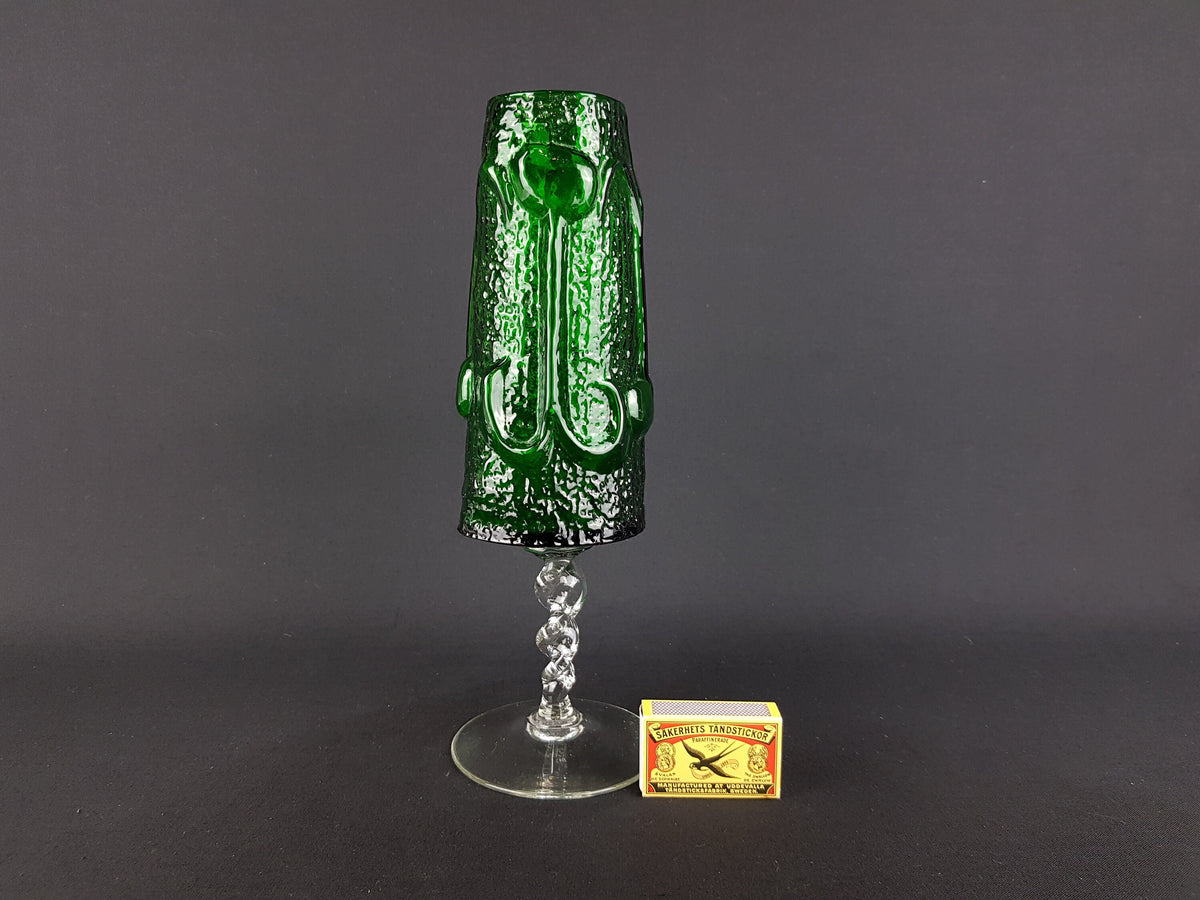 Vintage STELVIA Emerald Green Textured Glass Twist Stem Vase Chalice Antiqua Range by WAYNE HUSTED 1960s Italy Empoli