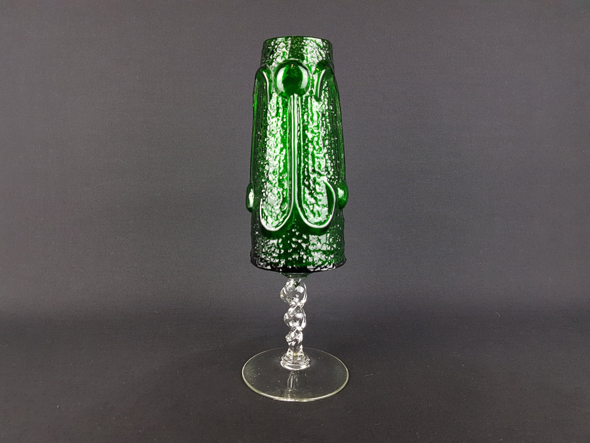 Vintage STELVIA Emerald Green Textured Glass Twist Stem Vase Chalice Antiqua Range by WAYNE HUSTED 1960s Italy Empoli