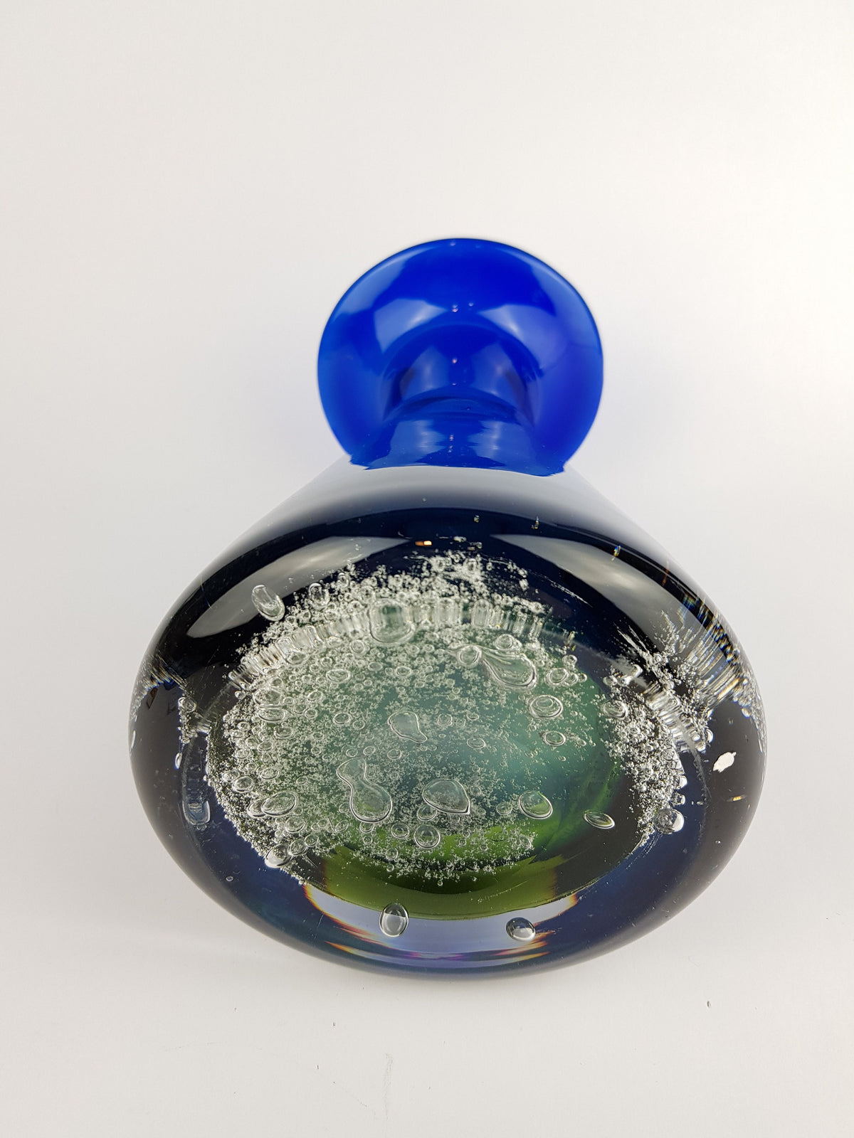 Vintage SCHOTT ZWIESEL Blue and Green GLASS Design Vase With Bubbles by Heinrich Löffelhardt West Germany 1960-70s