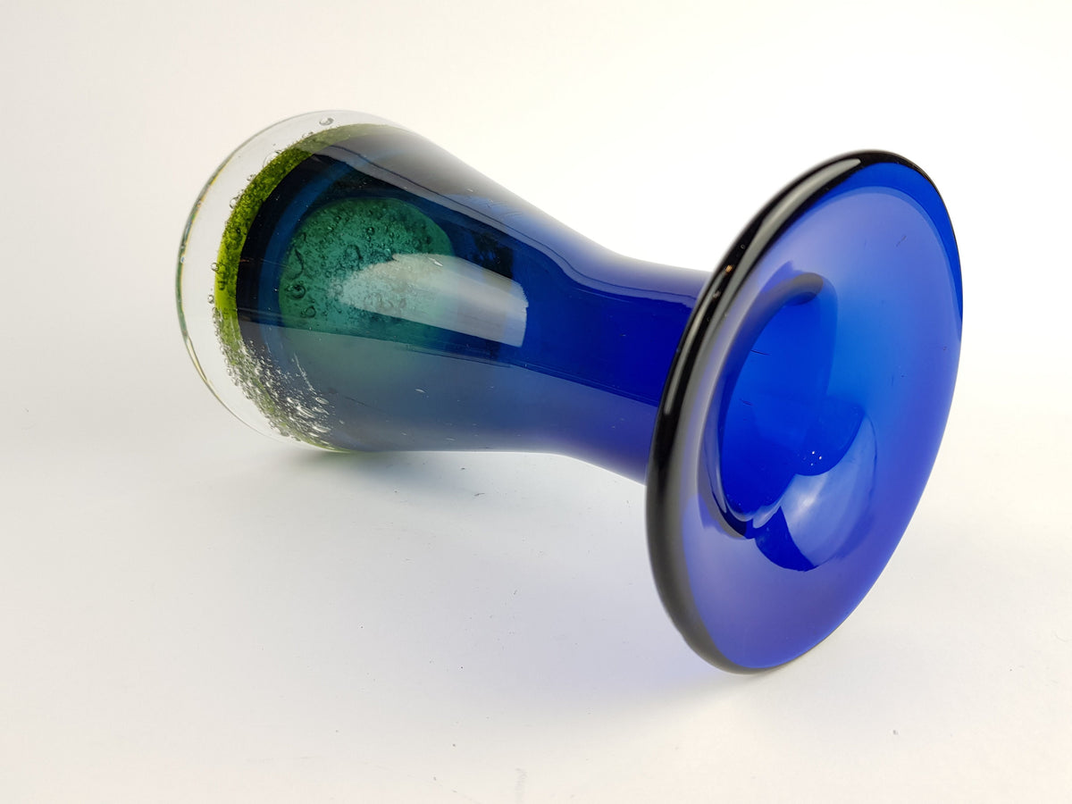 Vintage SCHOTT ZWIESEL Blue and Green GLASS Design Vase With Bubbles by Heinrich Löffelhardt West Germany 1960-70s