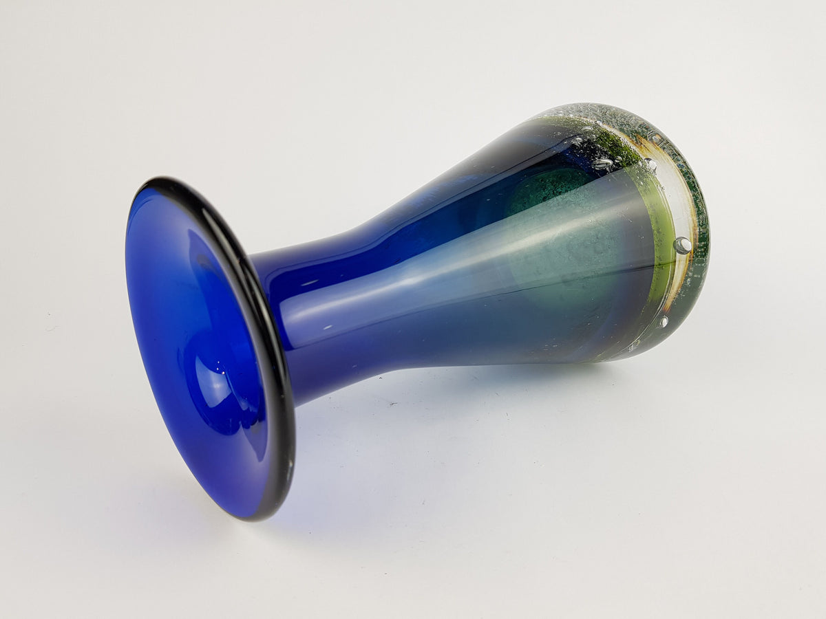 Vintage SCHOTT ZWIESEL Blue and Green GLASS Design Vase With Bubbles by Heinrich Löffelhardt West Germany 1960-70s