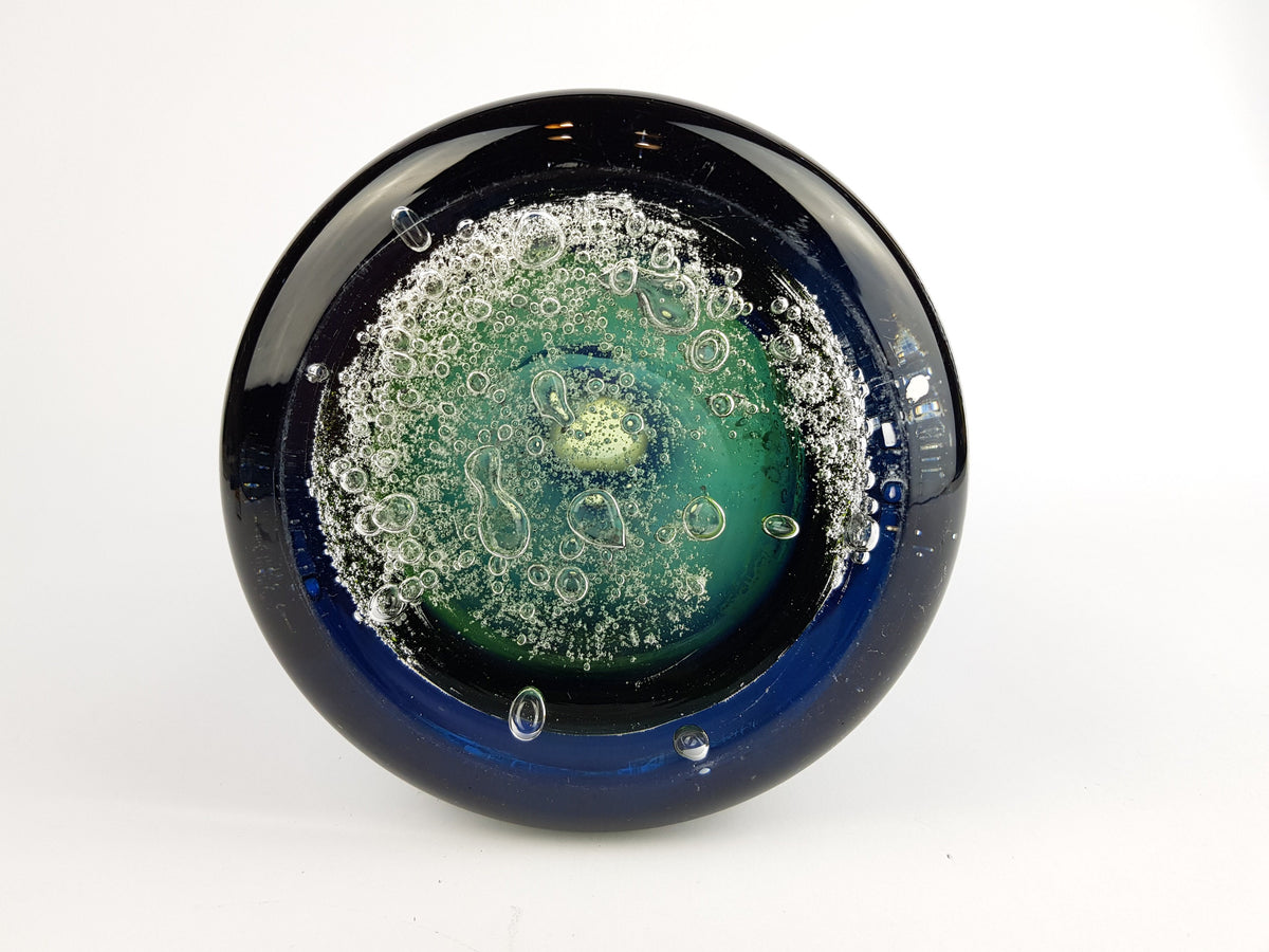 Vintage SCHOTT ZWIESEL Blue and Green GLASS Design Vase With Bubbles by Heinrich Löffelhardt West Germany 1960-70s