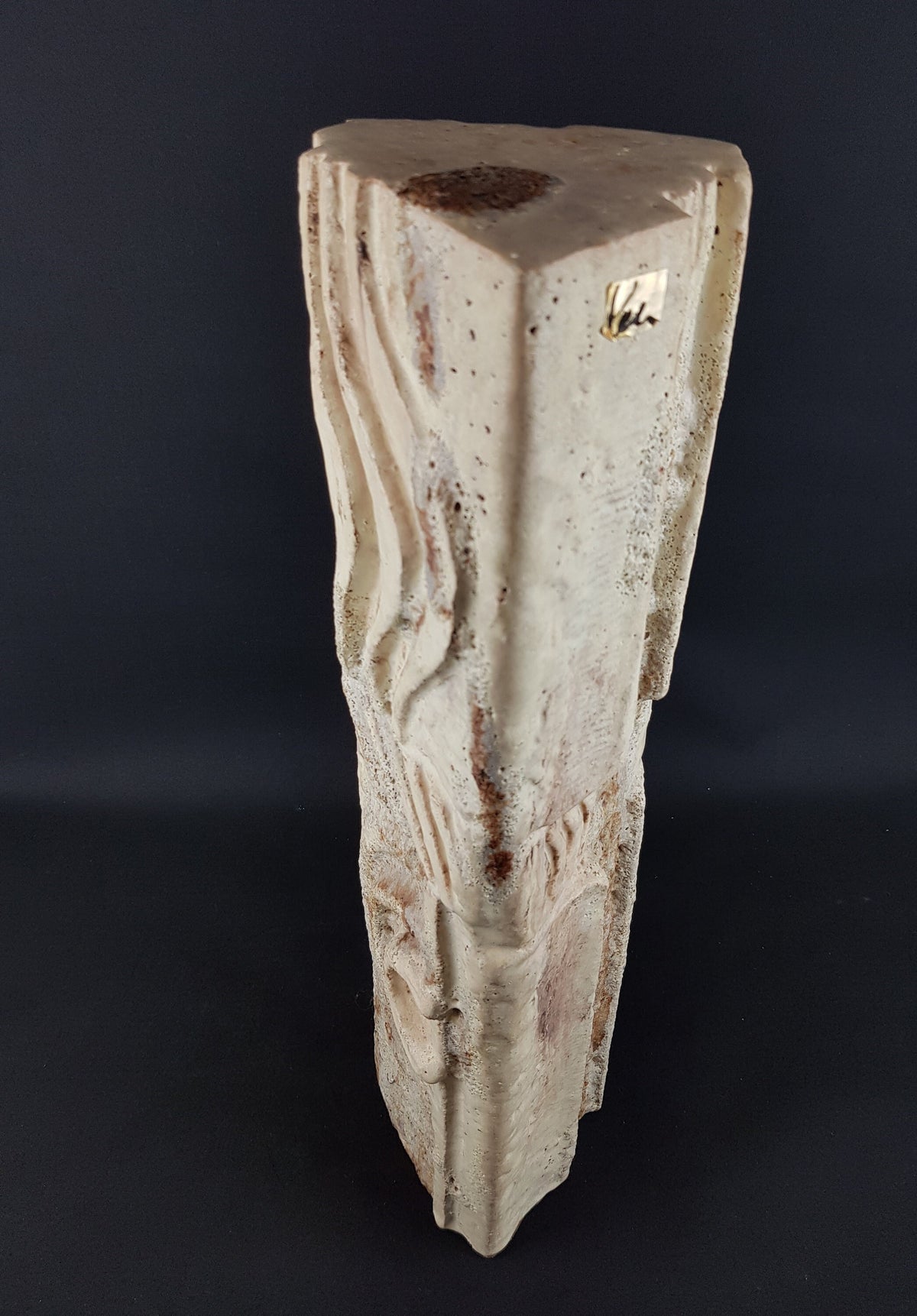 21 Inch XXL Unique Vintage Triangular Beige SCHÄFFENACKER Studio Art Pottery Statue Totem Pole West German Pottery 1960s