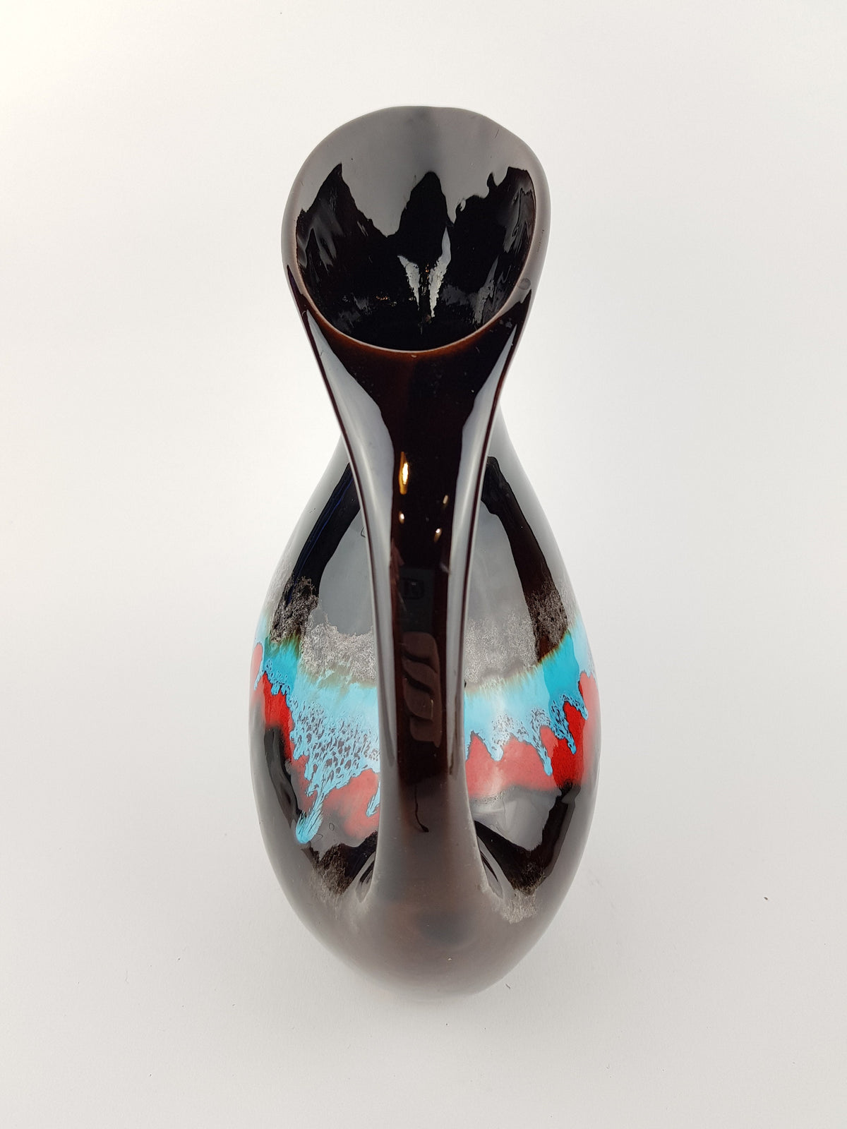 Vintage VALLAURIS Brown with Red and Blue Drip Glaze Jug Vase from France 1960s
