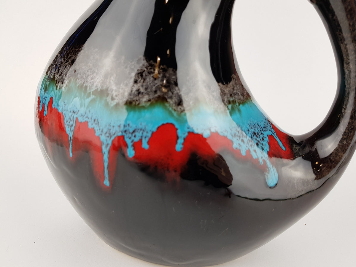 Vintage VALLAURIS Brown with Red and Blue Drip Glaze Jug Vase from France 1960s
