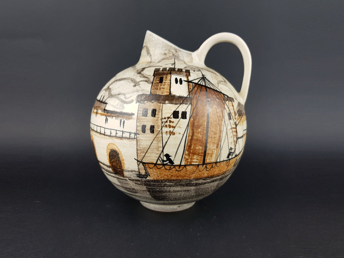 Vintage JAWE EDELKERAMIK Hand Painted Jug Vase with Castell decor Sail Boat West German Pottery 1950s