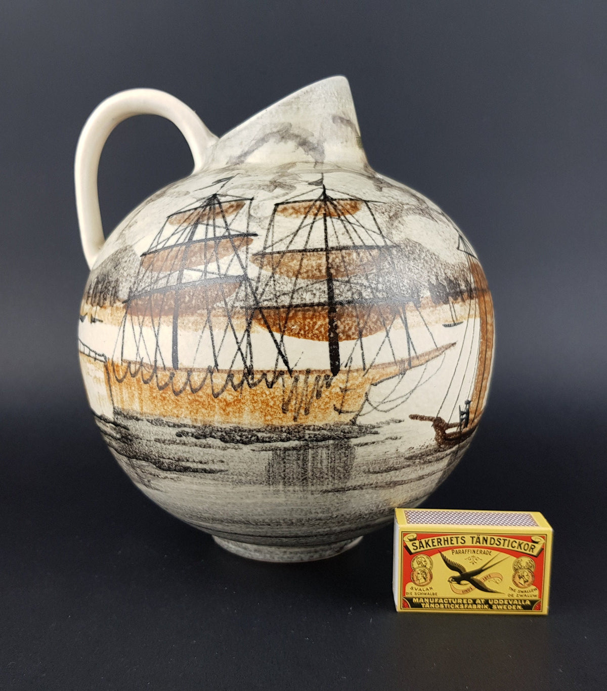 Vintage JAWE EDELKERAMIK Hand Painted Jug Vase with Castell decor Sail Boat West German Pottery 1950s