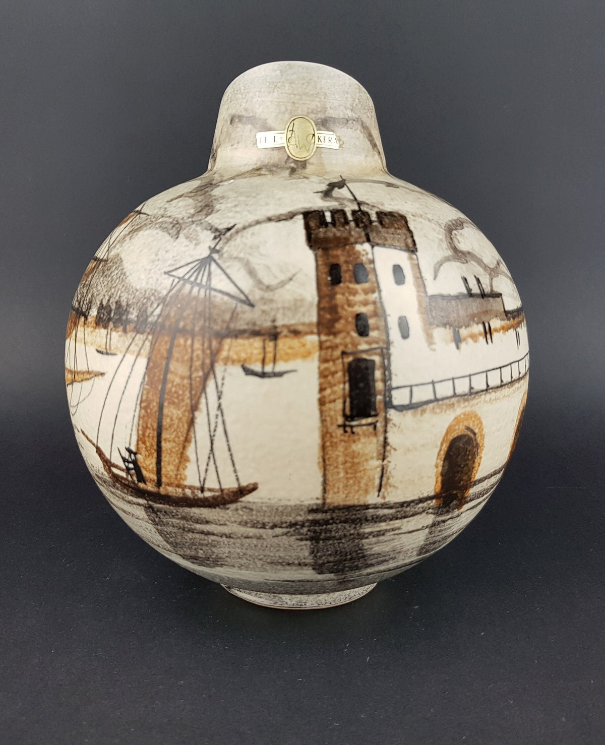 Vintage JAWE EDELKERAMIK Hand Painted Jug Vase with Castell decor Sail Boat West German Pottery 1950s