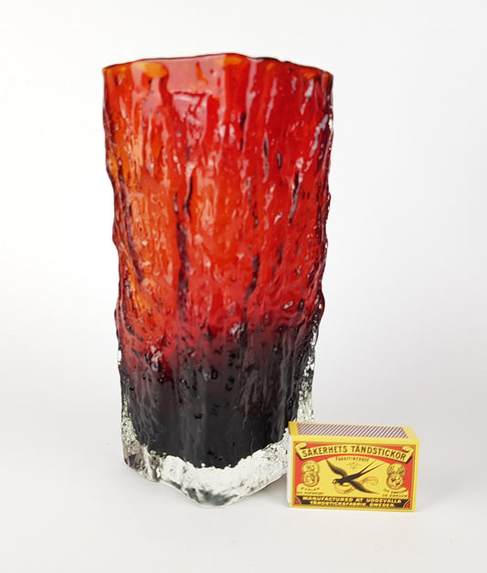 Vintage JAPANESE Red Black Bark Textured Vase from SHOEI HANDCRAFT Tajima Glass Japan 1970s