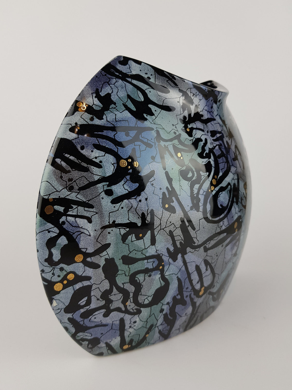 Vintage XL STEULER DESIGN ceramic Blue and Green Fish Mouth Vase West German Pottery 1980s