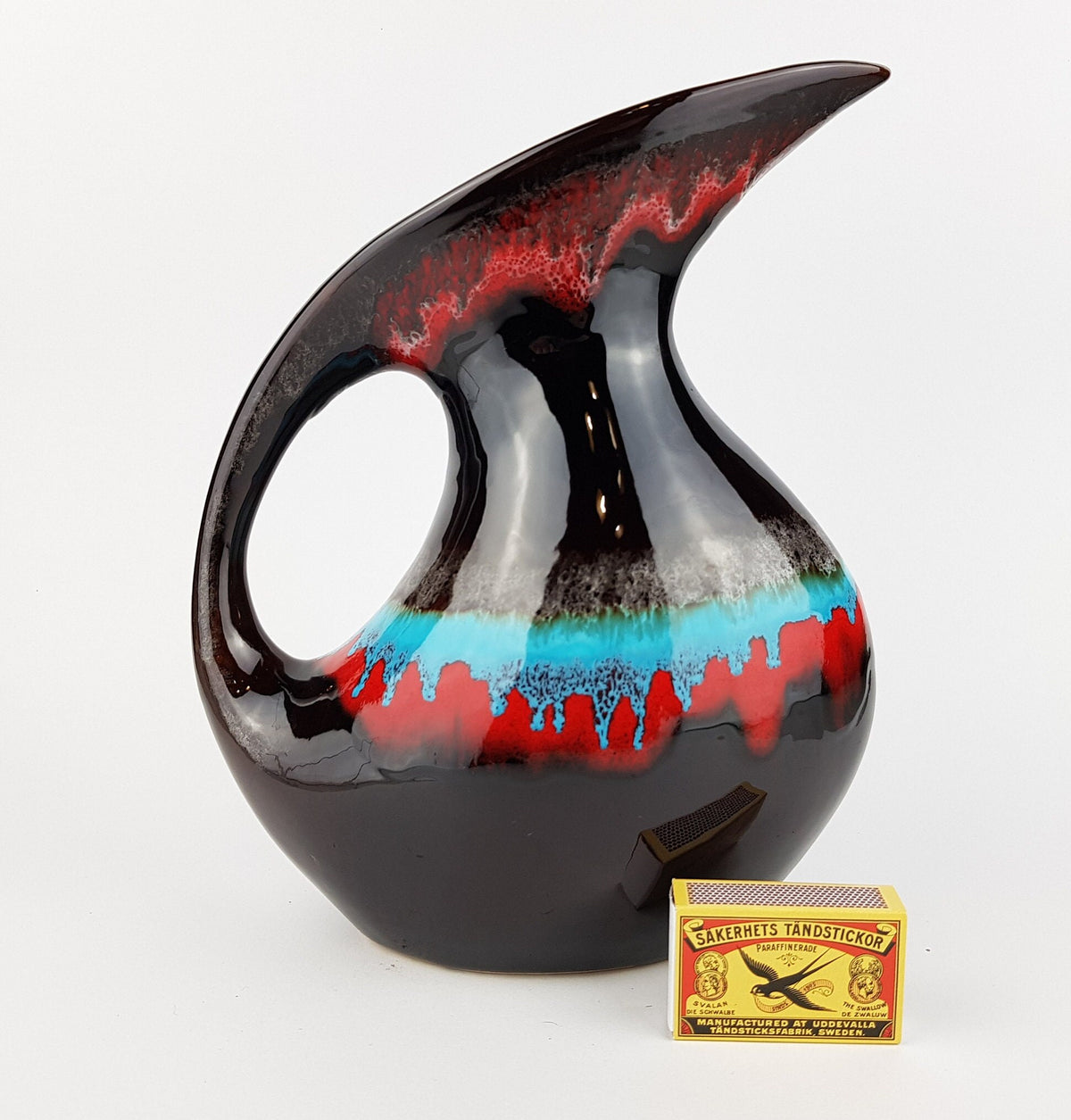 Vintage VALLAURIS Brown with Red and Blue Drip Glaze Jug Vase from France 1960s