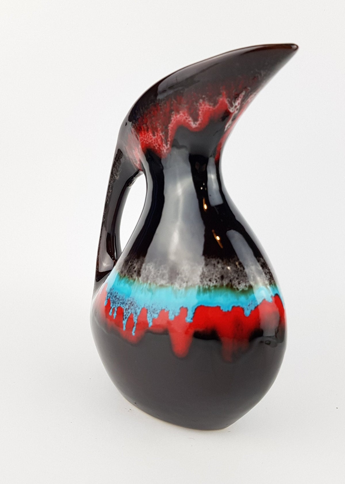 Vintage VALLAURIS Brown with Red and Blue Drip Glaze Jug Vase from France 1960s
