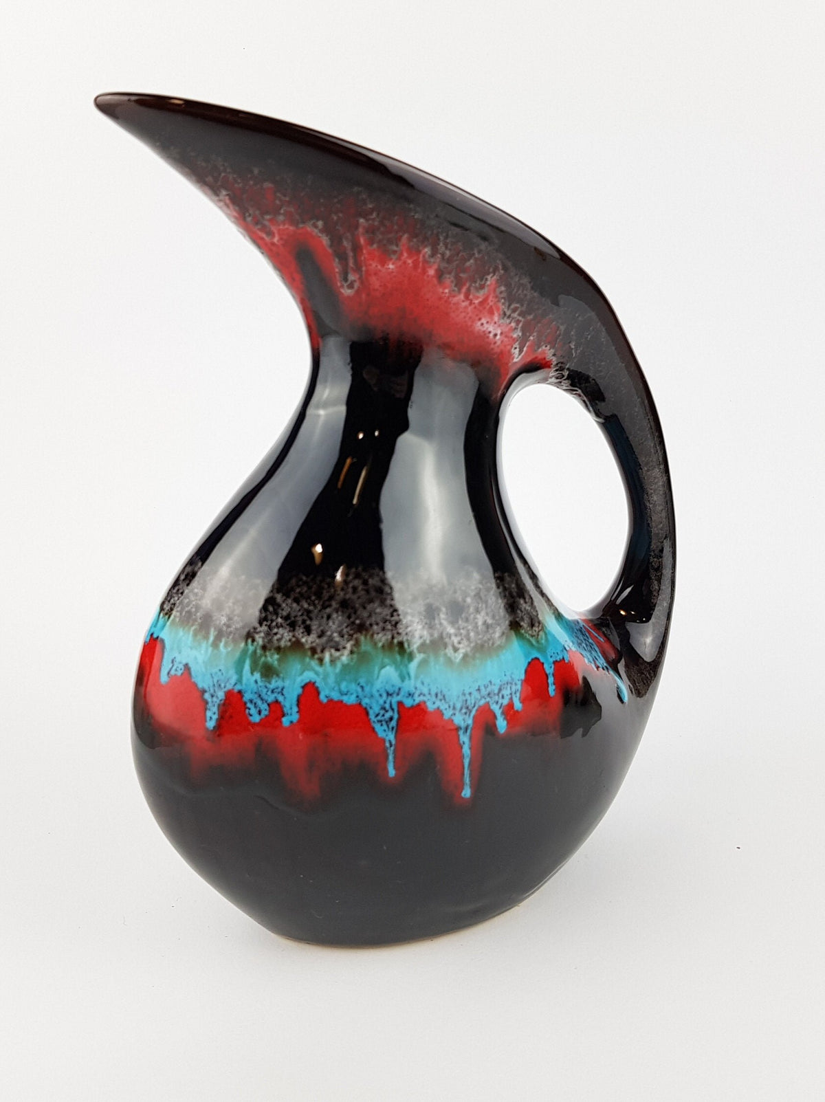 Vintage VALLAURIS Brown with Red and Blue Drip Glaze Jug Vase from France 1960s