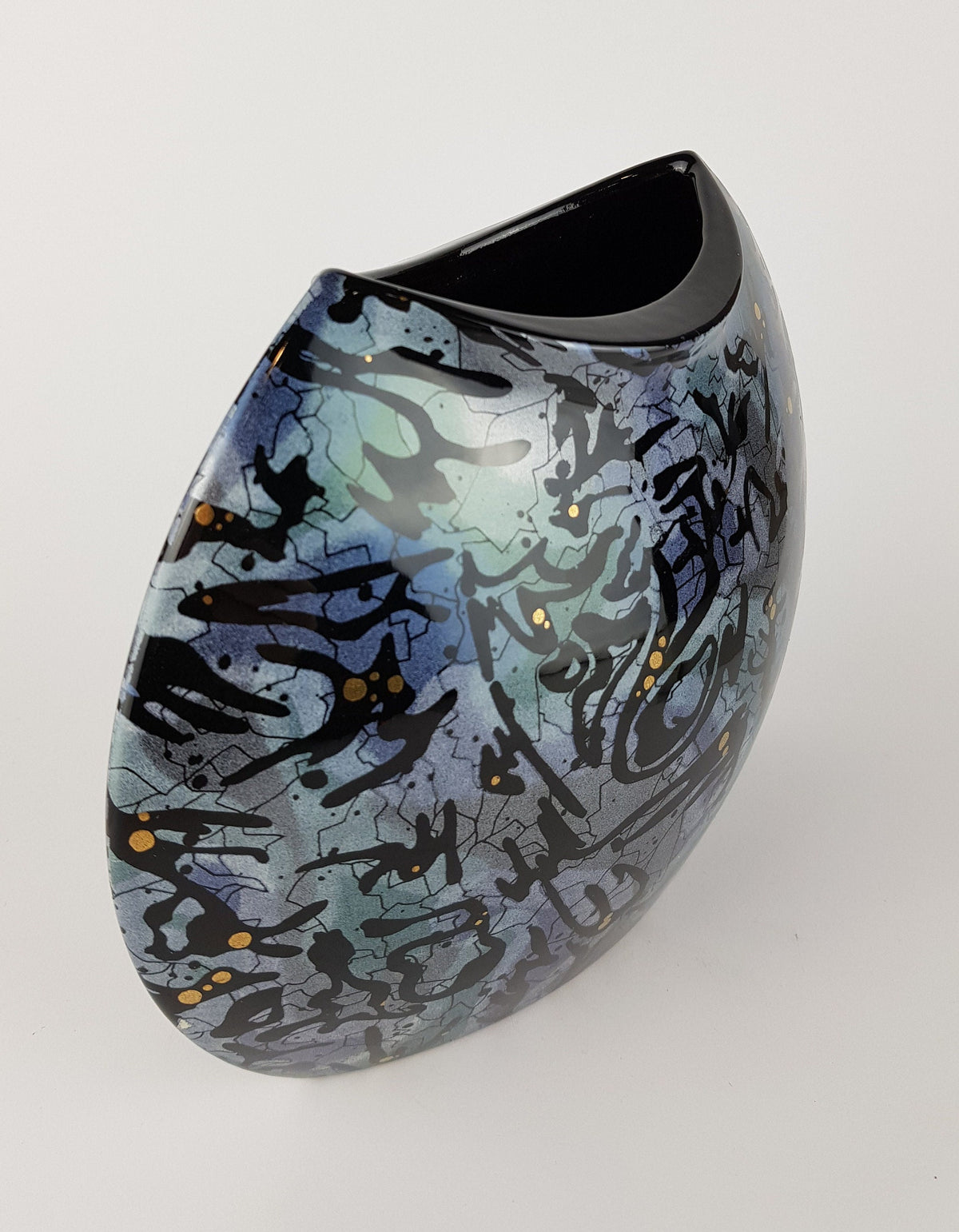 Vintage XL STEULER DESIGN ceramic Blue and Green Fish Mouth Vase West German Pottery 1980s