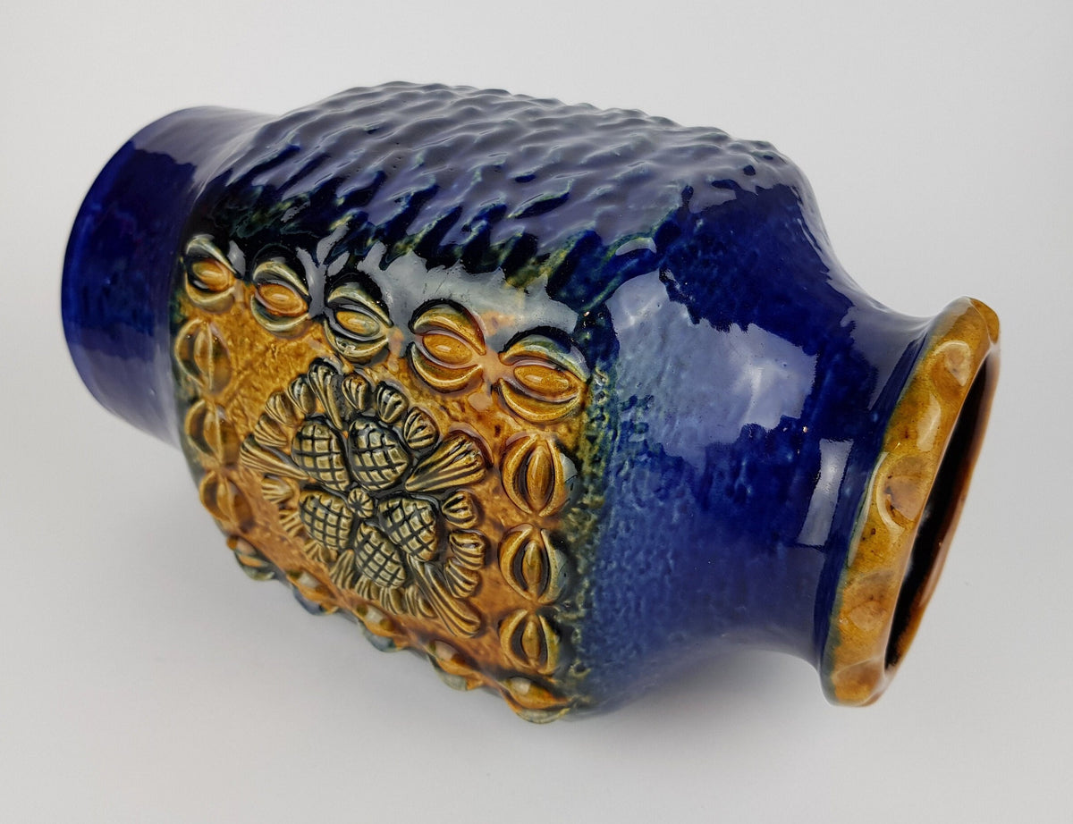Vintage DÜMLER & BREIDEN Keramik Blue and Ochre Fat Lava Vase Studio Serie 73/25, West German Pottery 1970s