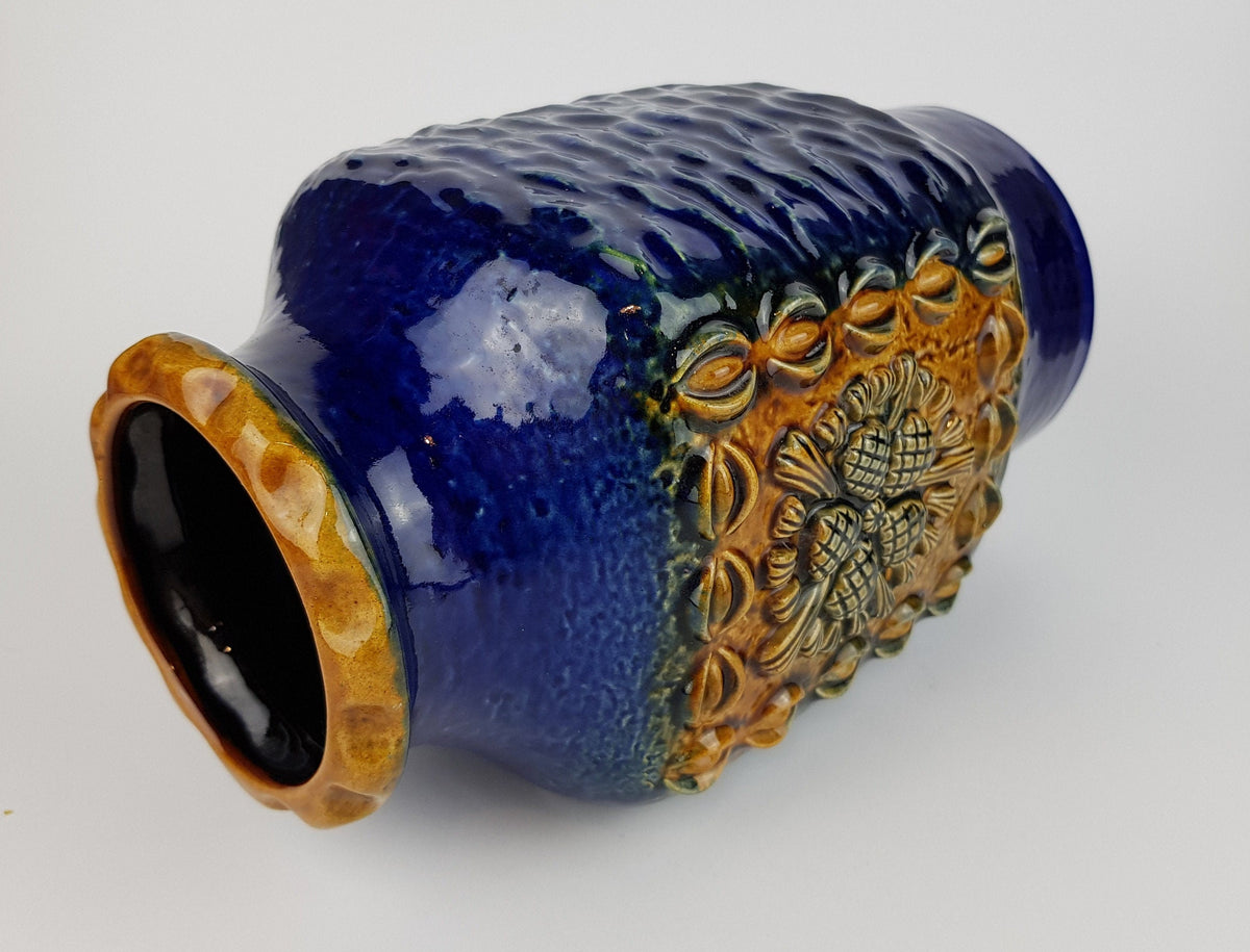 Vintage DÜMLER & BREIDEN Keramik Blue and Ochre Fat Lava Vase Studio Serie 73/25, West German Pottery 1970s