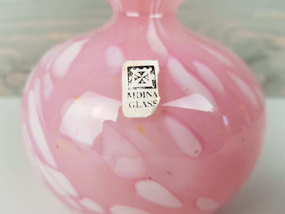 Vintage MDINA Small Pink White Mottled Glass Vase from Malta 1970s, signed and labelled