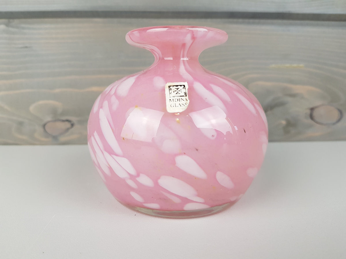 Vintage MDINA Small Pink White Mottled Glass Vase from Malta 1970s, signed and labelled