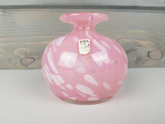 Vintage MDINA Small Pink White Mottled Glass Vase from Malta 1970s, signed and labelled