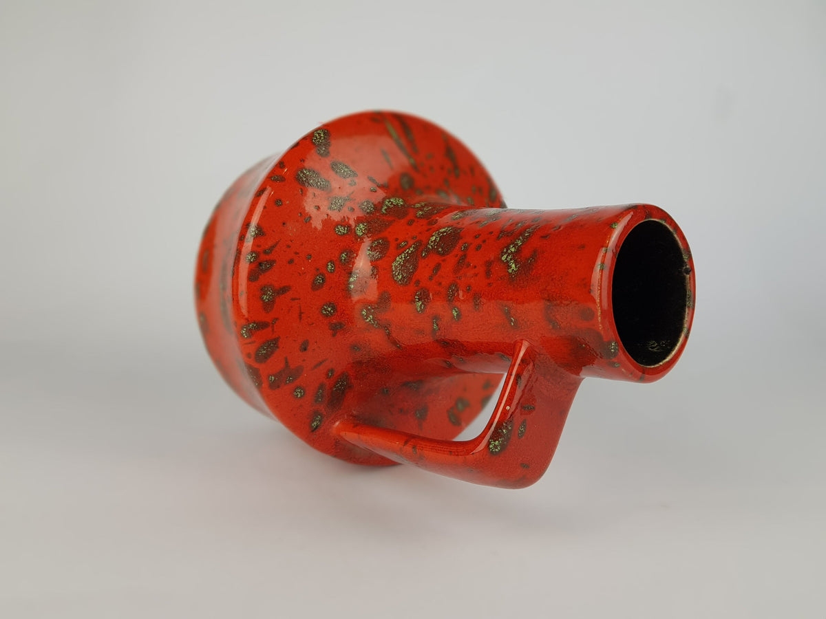Vintage ES KERAMIK (Emons und Söhne) Red with Green Piebald Decor Fat Lava Vase 819/21 West German Pottery 1970s