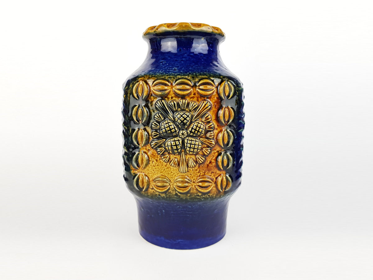 Vintage DÜMLER & BREIDEN Keramik Blue and Ochre Fat Lava Vase Studio Serie 73/25, West German Pottery 1970s