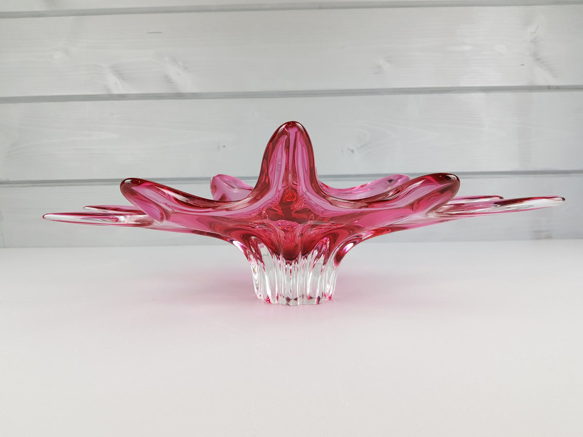 Vintage CHRIBSKA GLASSWORKS Bohemian Cased Glass Pink Bowl by Josef Hospodka Czechoslovakia 1970s