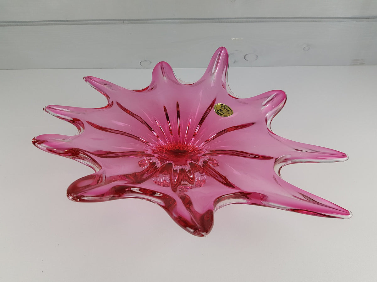 Vintage CHRIBSKA GLASSWORKS Bohemian Cased Glass Pink Bowl by Josef Hospodka Czechoslovakia 1970s
