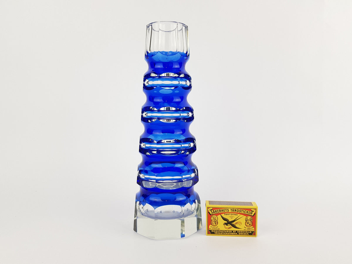 Vintage Blue VEB GLASWERKE SCHMIEDEFELD by Oldrich Lipsky Octagonal Facetted Crystal Glass Exbor Vase 1970s