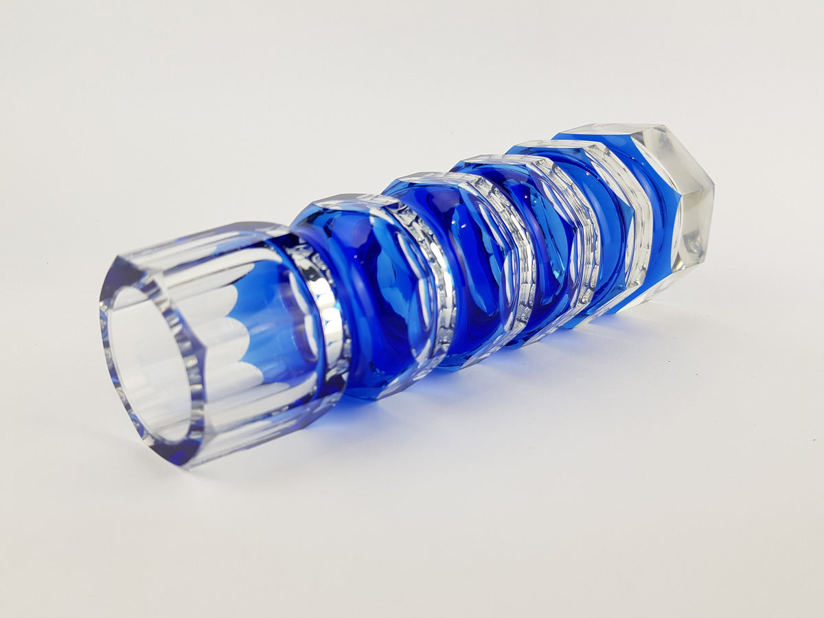 Vintage Blue VEB GLASWERKE SCHMIEDEFELD by Oldrich Lipsky Octagonal Facetted Crystal Glass Exbor Vase 1970s