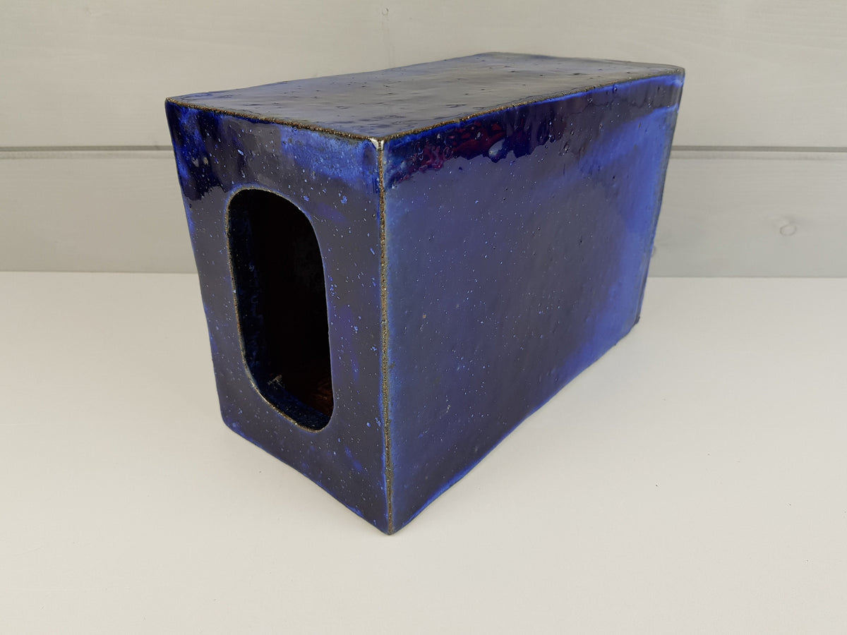 Vintage STUDIO ART POTTERY Square Heavy Blue Vase West Germany