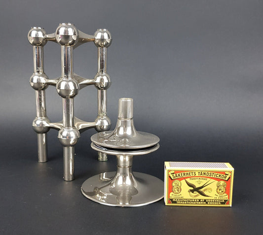 Set of 3 Stackable Candle Holders Variante 22 + Pedestal designed by Caesar Stoffi for Fritz Nagel Bayerische Metall Fabrik BMF 1950-60s,