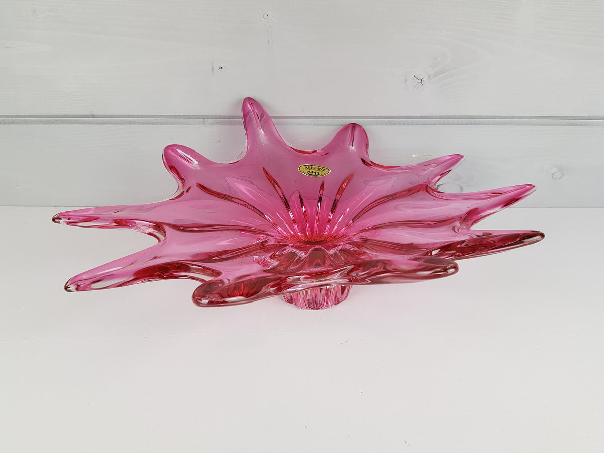 Vintage CHRIBSKA GLASSWORKS Bohemian Cased Glass Pink Bowl by Josef Hospodka Czechoslovakia 1970s
