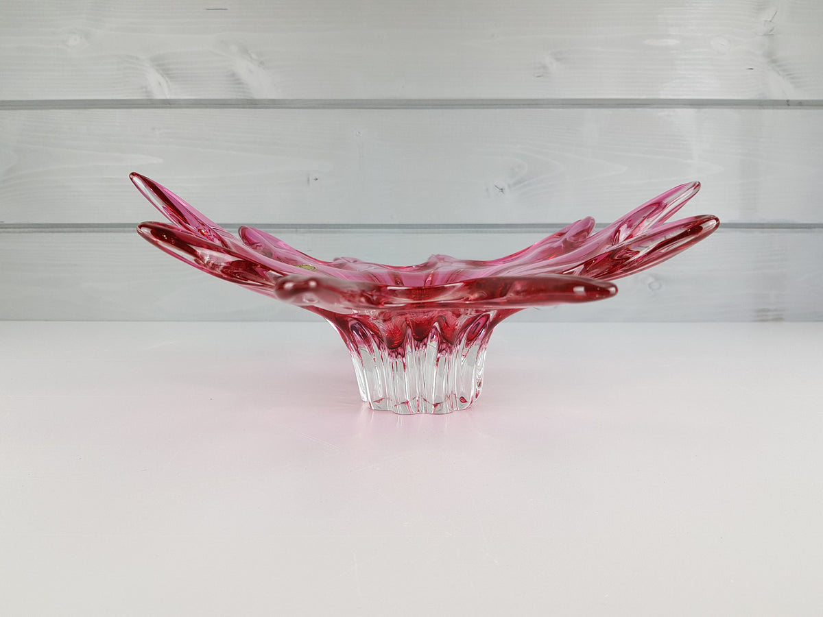 Vintage CHRIBSKA GLASSWORKS Bohemian Cased Glass Pink Bowl by Josef Hospodka Czechoslovakia 1970s