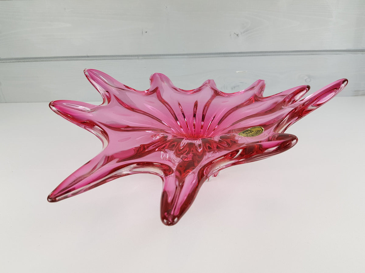 Vintage CHRIBSKA GLASSWORKS Bohemian Cased Glass Pink Bowl by Josef Hospodka Czechoslovakia 1970s