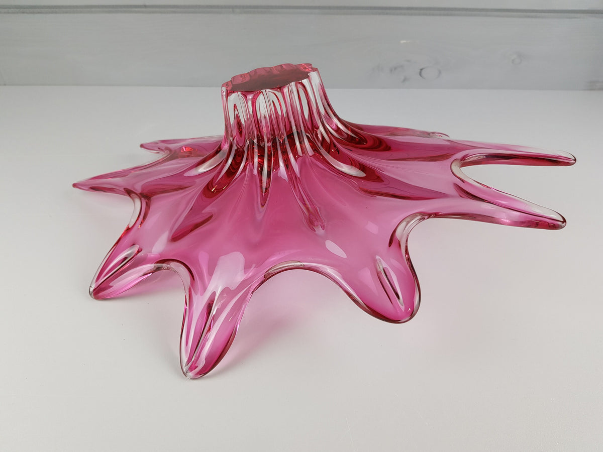 Vintage CHRIBSKA GLASSWORKS Bohemian Cased Glass Pink Bowl by Josef Hospodka Czechoslovakia 1970s
