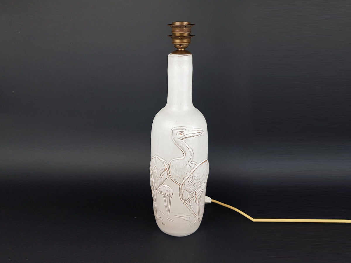 Vintage MOBACH KERAMIEK Beige White Lamp with Heron Decor Dutch Pottery 1970s with UK plug on/off switch
