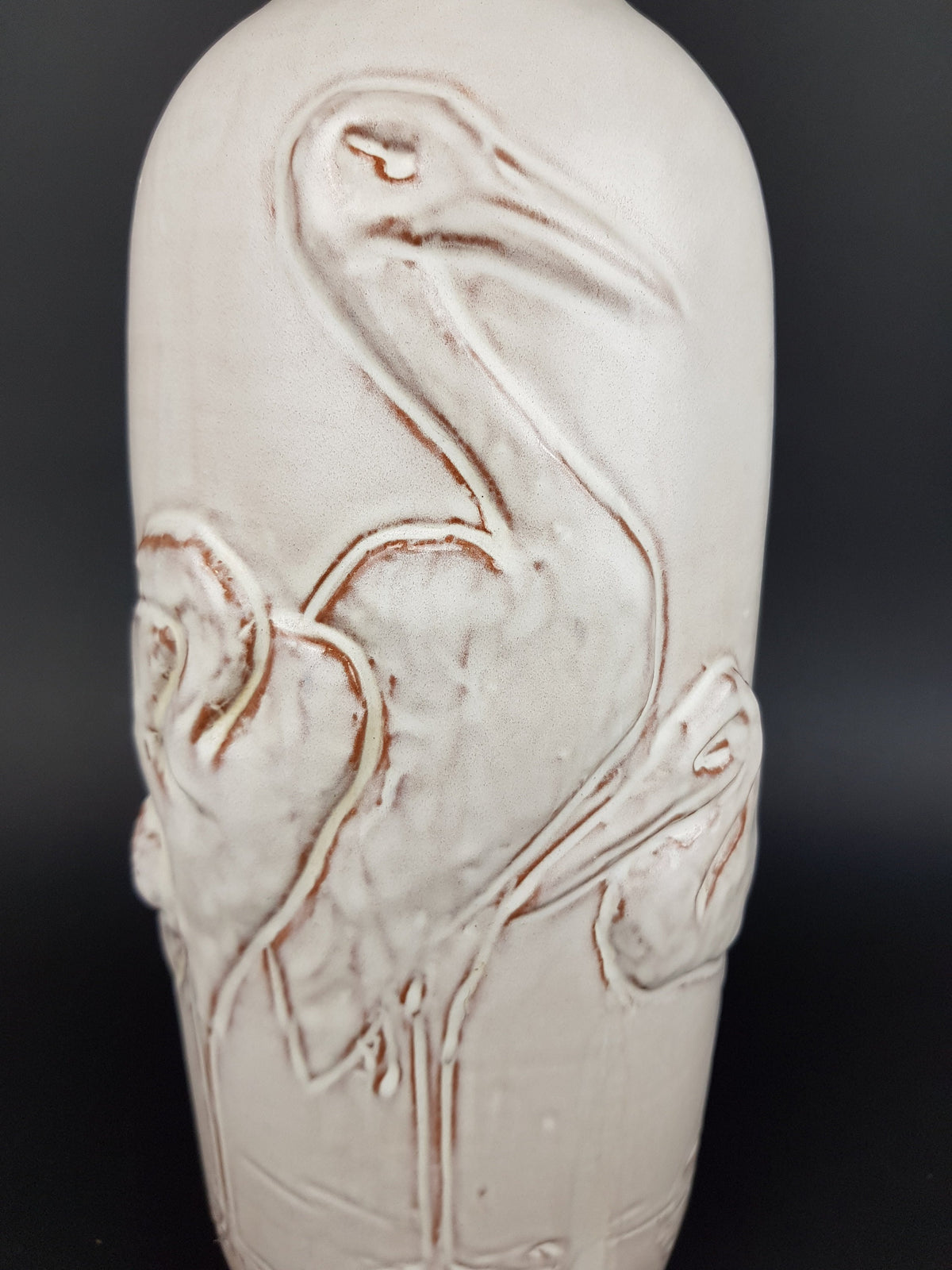 Vintage MOBACH KERAMIEK Beige White Lamp with Heron Decor Dutch Pottery 1970s with UK plug on/off switch