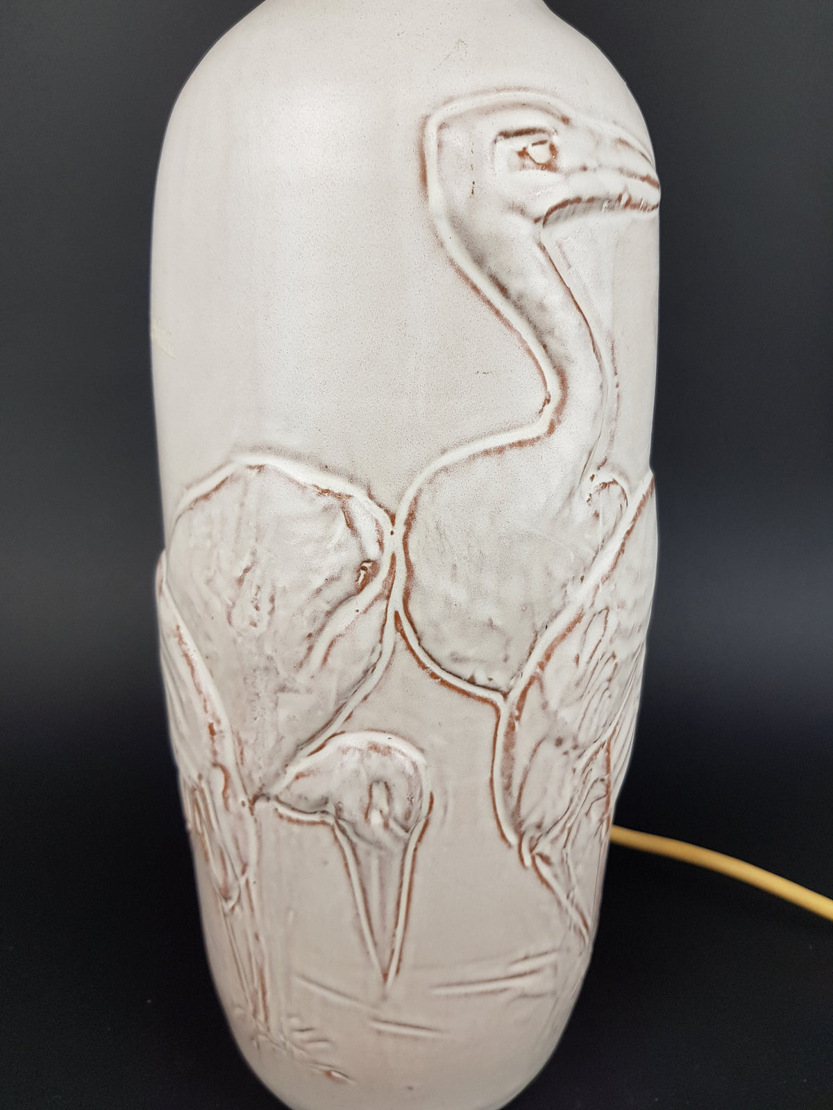 Vintage MOBACH KERAMIEK Beige White Lamp with Heron Decor Dutch Pottery 1970s with UK plug on/off switch