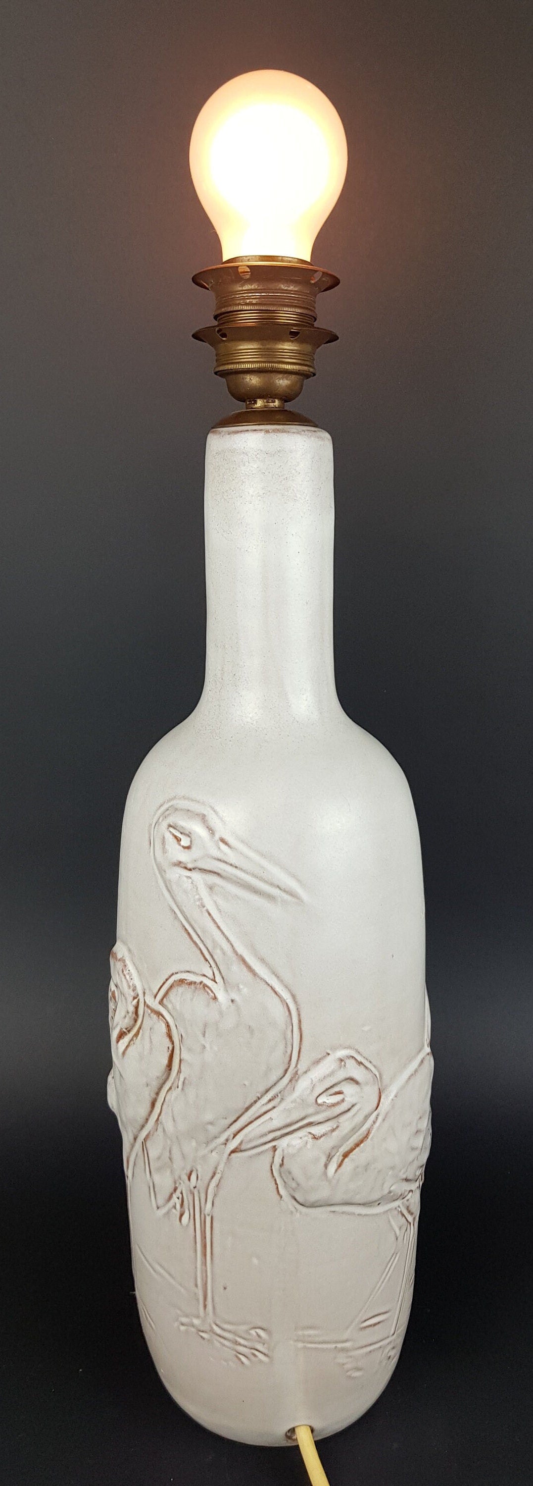 Vintage MOBACH KERAMIEK Beige White Lamp with Heron Decor Dutch Pottery 1970s with UK plug on/off switch