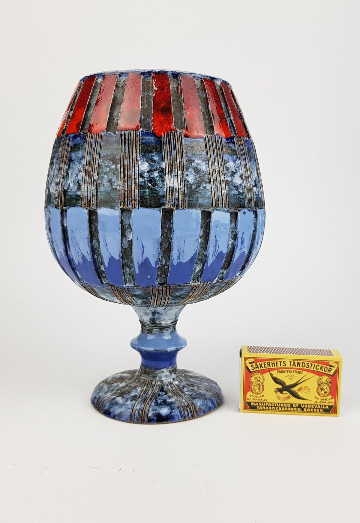 Vintage Blue Red Striped Chalice Goblet Planter Italian Pottery attributed to FRATELLI FANCIULACCI 1960s
