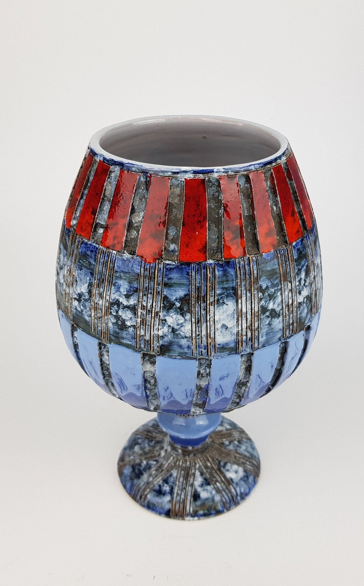 Vintage Blue Red Striped Chalice Goblet Planter Italian Pottery attributed to FRATELLI FANCIULACCI 1960s
