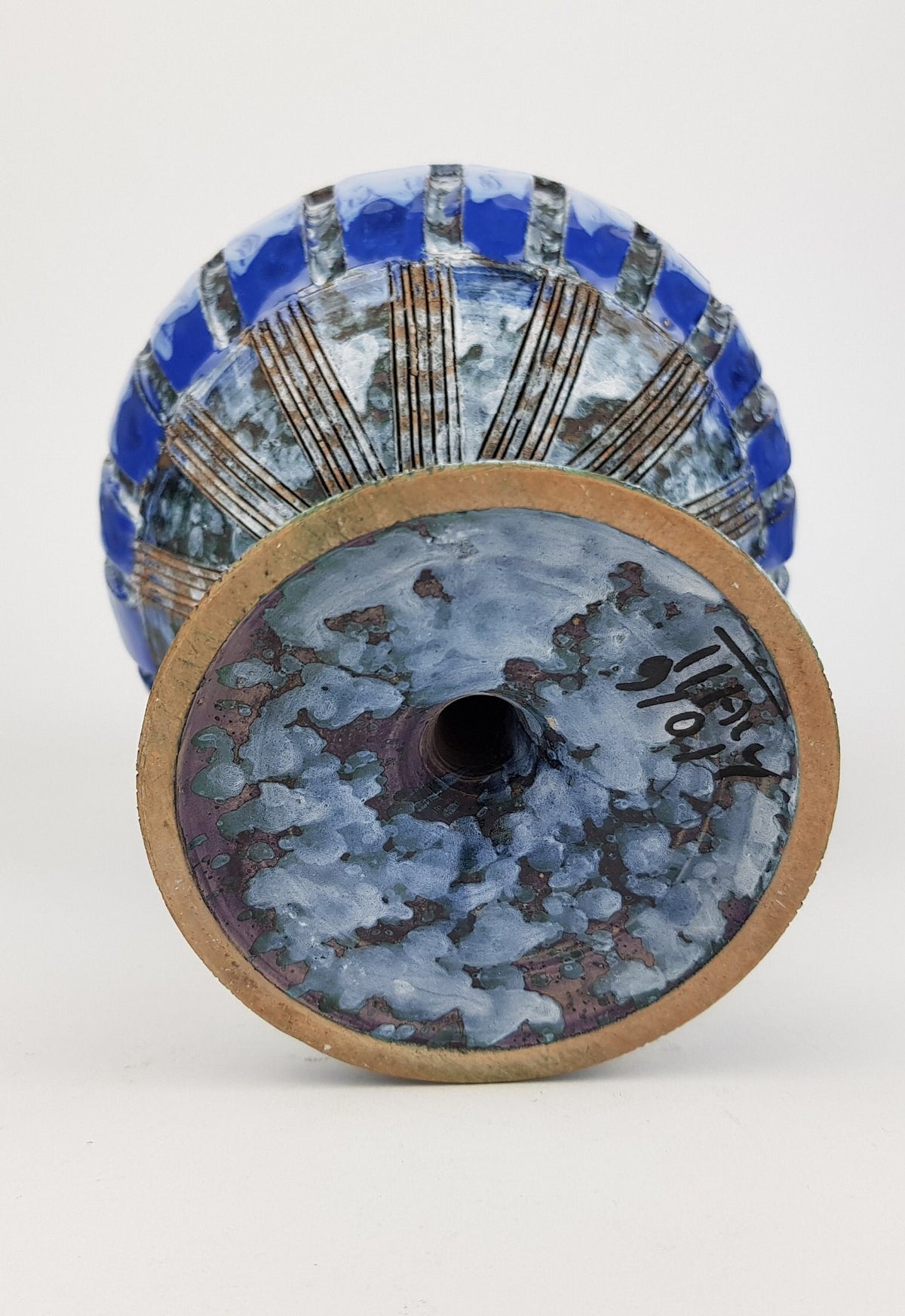 Vintage Blue Red Striped Chalice Goblet Planter Italian Pottery attributed to FRATELLI FANCIULACCI 1960s