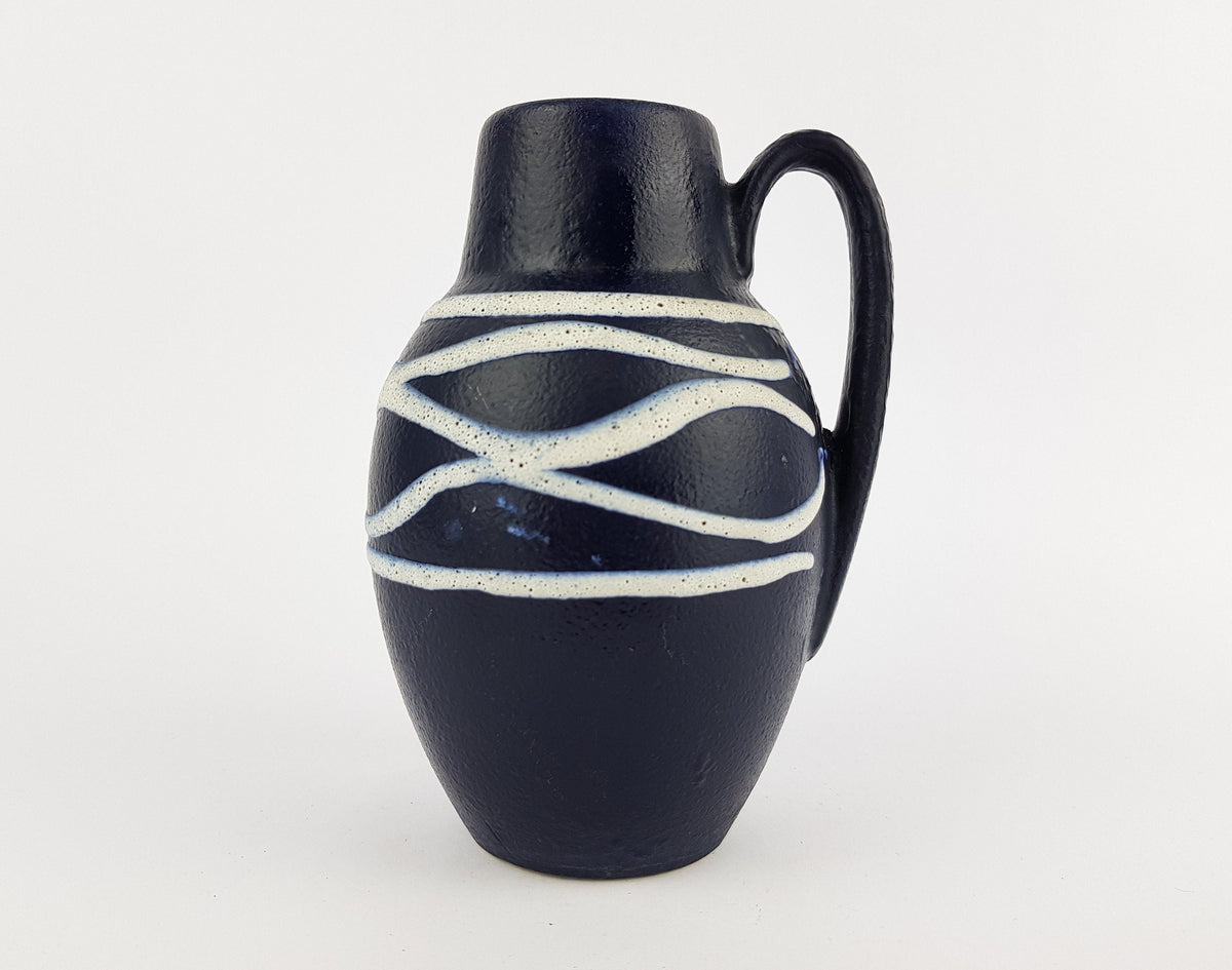Vintage SCHEURICH KERAMIK Blue Vase with White Fat Lava 414 16 West German Pottery 1960s