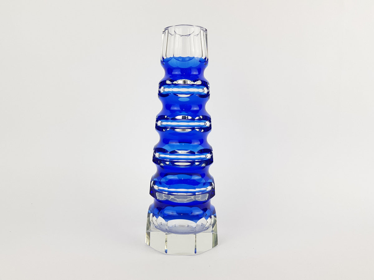 Vintage Blue VEB GLASWERKE SCHMIEDEFELD by Oldrich Lipsky Octagonal Facetted Crystal Glass Exbor Vase 1970s
