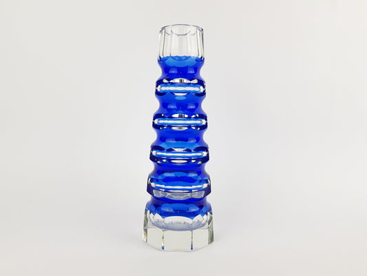 Vintage Blue VEB GLASWERKE SCHMIEDEFELD by Oldrich Lipsky Octagonal Facetted Crystal Glass Exbor Vase 1970s