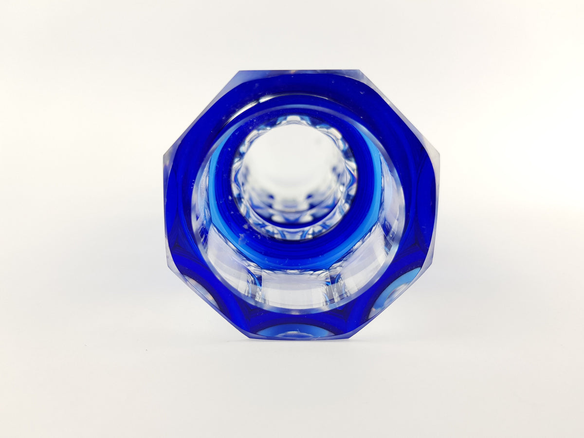 Vintage Blue VEB GLASWERKE SCHMIEDEFELD by Oldrich Lipsky Octagonal Facetted Crystal Glass Exbor Vase 1970s