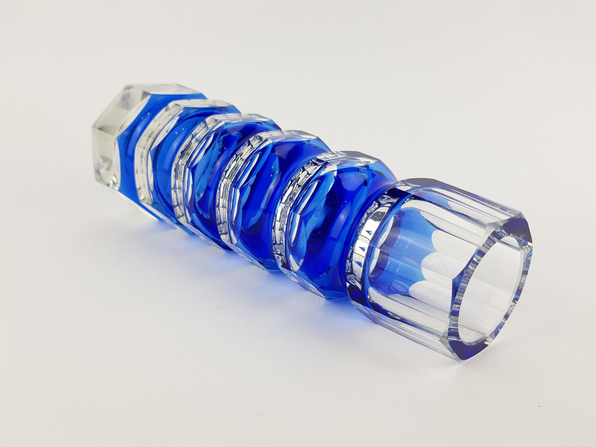 Vintage Blue VEB GLASWERKE SCHMIEDEFELD by Oldrich Lipsky Octagonal Facetted Crystal Glass Exbor Vase 1970s