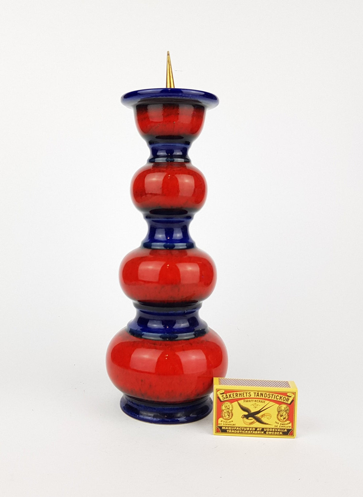 Vintage JASBA KERAMIK Blue Red Hooped Candle holder West-Germany 1970s