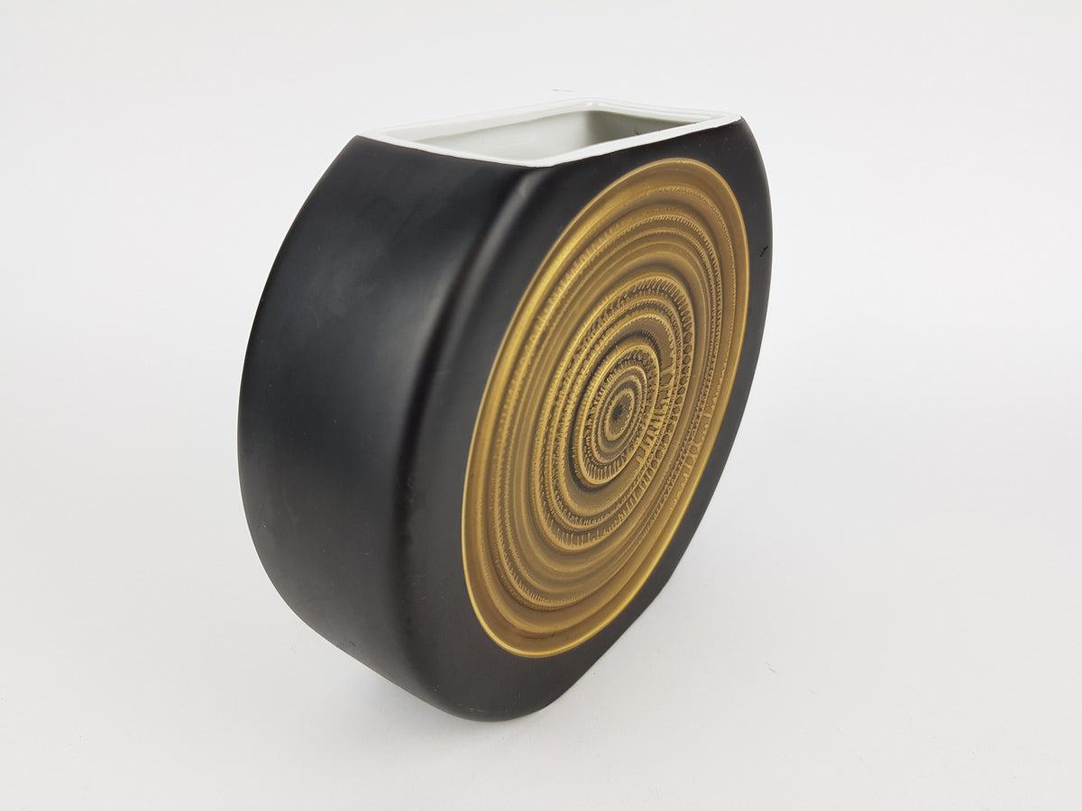 Vintage THOMAS PORZELLAN Black and Golden Disk Vase by H.T. Baumann West German Pottery 1970s