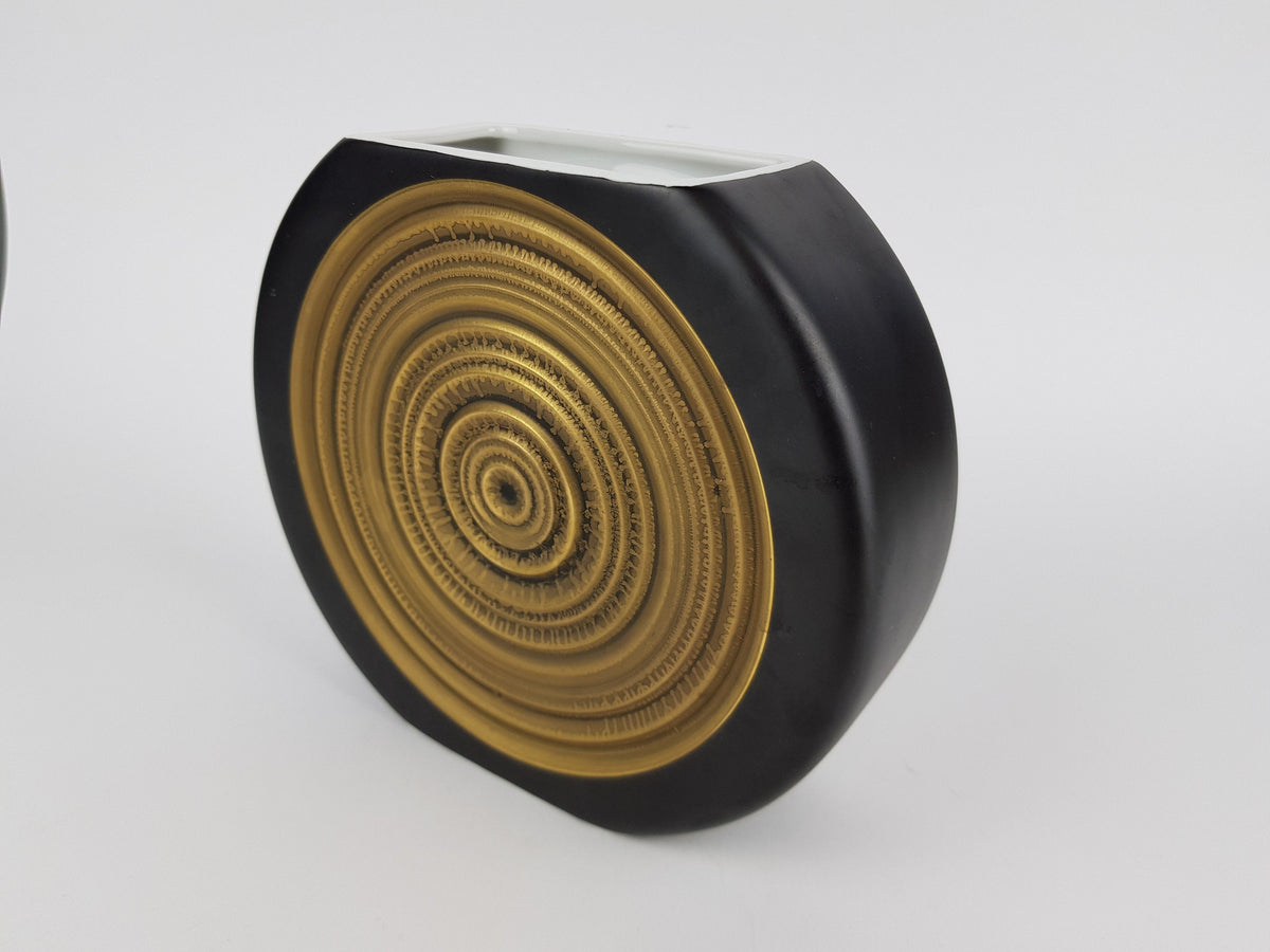 Vintage THOMAS PORZELLAN Black and Golden Disk Vase by H.T. Baumann West German Pottery 1970s